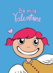 Digital cartoon girl with pink hair on blue background. Girl with wings.  Cute girl. Template for print, card, postcard, t-shirt, poster, leaflet, mobile covers, copybook. Illustration.