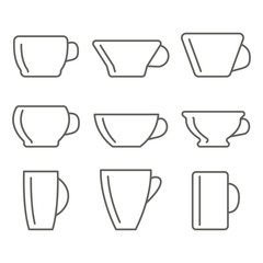 Cups linear icons. Set of differently shaped cups. Dishes for tea and coffee. Vector.