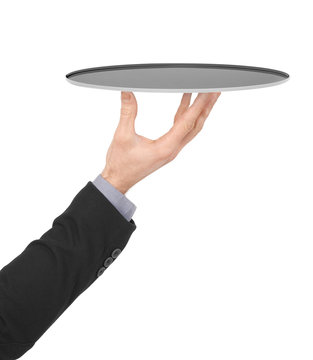 Hand holding an empty tray