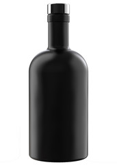 Matte Black Glass Whiskey, Vodka, Gin, Wine, Tincture, Moonshine or Tequila Bottle with Metallic Cap. 3D Render Isolated on White.