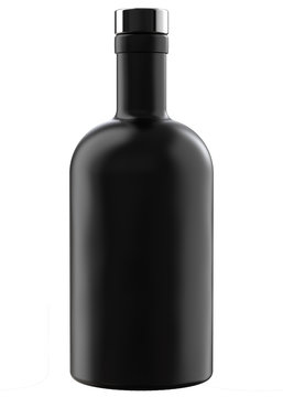 Matte Black Glass Whiskey, Vodka, Gin, Wine, Tincture, Moonshine or Tequila Bottle with Metallic Cap. 3D Render Isolated on White.