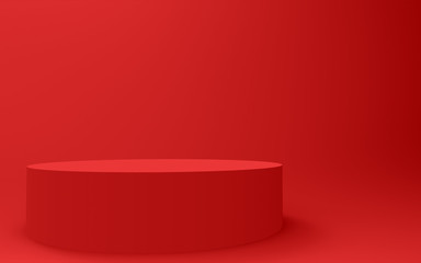 3d red cylinder podium minimal studio background. Abstract 3d geometric shape object illustration render. Display for summer holiday product.
