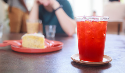 Selective Focused Thai Tea, Refreshing Soft Drink to get rid of thirst with sweet aroma from lime and cooling tasty flavor. Colorful Traditional Asian Drink for Hot Thirsty Tropical Summer concept.