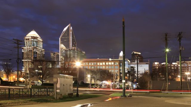 Timelapse of Charlotte, North Carolina skyline at dusk 4K