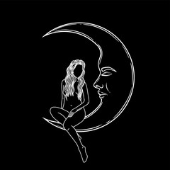 Naked woman sitting on the moon in trendy linear minimal style.