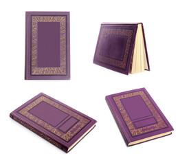 Set of hardcover books on white background