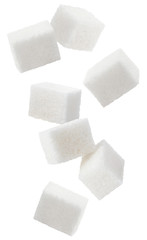 Flying sugar cubes, isolated on white background