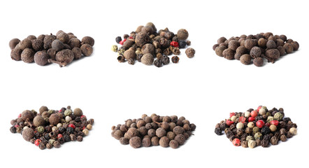 Set of different peppercorns on white background