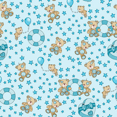 Blue seamless background with love teddy bears and stars