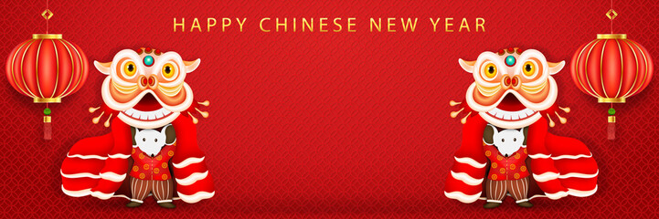 Banner Happy Chinese New Year. Traditional Red hanging lantern. Horizontal posters, greeting cards, headers, website.