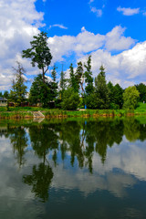 Fototapeta na wymiar The lake in Feofania park, sunny summer landscape in Kyiv, Ukraine on July 15, 2018. 