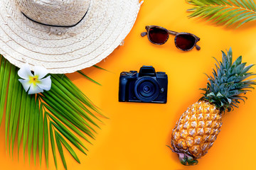 Flat lei, travel preparation for tourism.  Salome hat next to a juicy pineapple, palm leaves and a camera for the photographer. Top view on beach still life