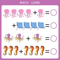 Fotobehang Eenhoorns Educatief wiskundespel voor kinderen. Voeg het resultaat toe en schrijf het op