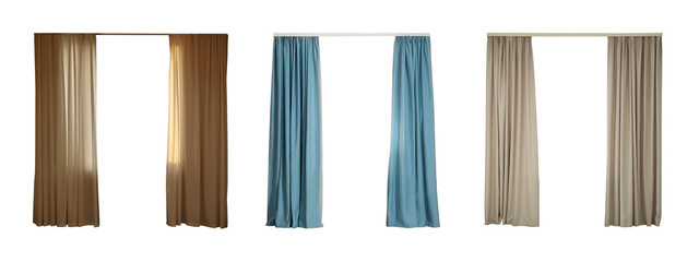 Set with different elegant curtains on white background