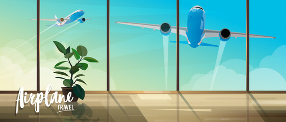 Illustration for travel by airplanes. View from the terminal to take off planes