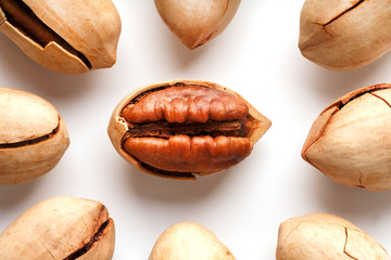 Purified Pecan isolated in the center on white background.