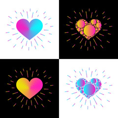 Original hearts with rays. Bright gadient. Creative design. Set.