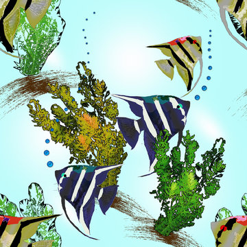Seamless abstract pattern with fish. Underwater aquarium world. Striped scalar and algae. Angelfish.