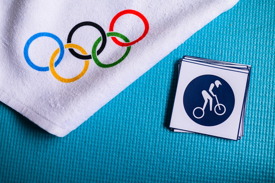 TOKYO, JAPAN, JANUARY. 20. 2020: Cycling BMX Racing Pictogram And Olympic Rings. Original Wallpaper For Olympic Game