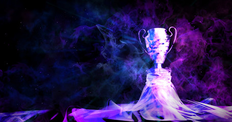 Cyberpunk trophy with smoke on dark blue futuristic background for e-sport winner concept,illustration picture,