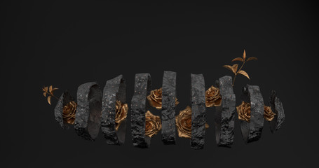 Rose gold material in a black abstract shape stone with gold spots on a black background.3d rendering.