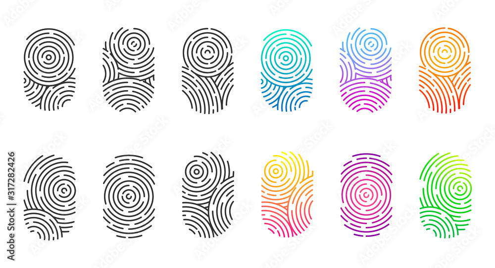 Poster vector set of black and color fingerprints isolated on white background. thumb finger print or perso