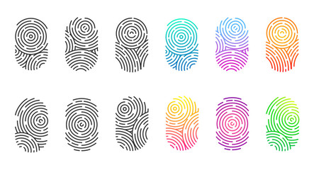 Vector set of black and color fingerprints isolated on white background. Thumb finger print or personal id, unique biometric identity for police or security