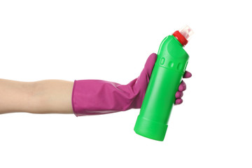 Hand in cleaning glove hold detergent, isolated on white background