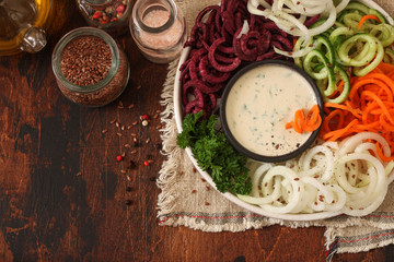 Fresh Vegetable spaghetti salad with tahini sauce