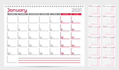 Calendar planner template 2021. Week start from Monday. Set of 12 Months. Ready for print. Vector Illustration