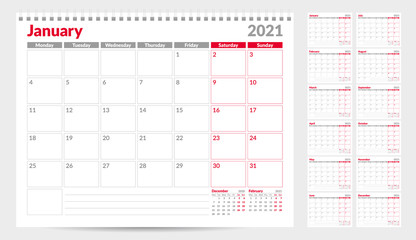 Calendar planner template 2021. Week start from Monday. Set of 12 Months. Ready for print. Vector Illustration