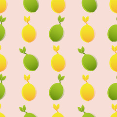 Pop-art style seamless  pattern of citrus fruits in orange, green and yellow, leaves. Vector with swatch.