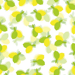 Seamless pattern of lemons and limes citrus fruits on a white background. Vector with swatch.