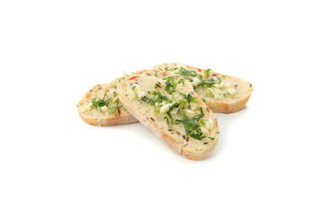 Toasted bread slices with garlic isolated on white background