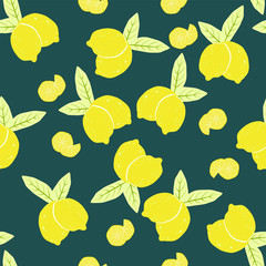 Seamless pattern of lemons and limes citrus fruits with fruit slices on a dark green background. Vector with swatch.