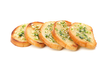 Toasted bread slices with garlic isolated on white background