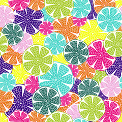 Pop-art style seamless  pattern of citrus fruit slices in orange, blue, green, pink  and yellow. Vector with swatch.