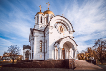 Church of the Holy great Martyr George the victorious in Samara. Landscape sky architecture.