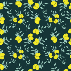 Seamless pattern of three pairs of lemons with leaves with dark  background. Vector with swatch.