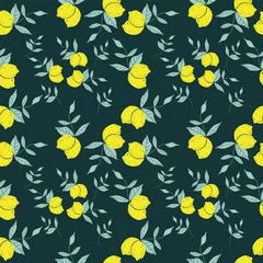 Tapeten Seamless pattern of three pairs of lemons with leaves with dark  background. Vector with swatch. © doethion