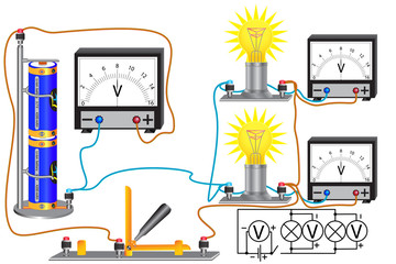 An electric circuit consisting of parallel-connected light bulbs, an electric current source, conductors, a switch, a voltmeter - obrazy, fototapety, plakaty