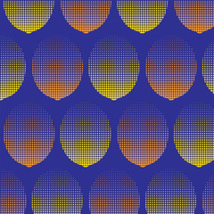 Seamless pattern of lemon shapes in half-drop array filled with yellow and orange half-tone on blue background.