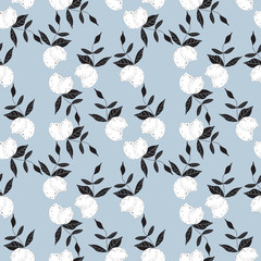 Seamless pattern of three pairs of in white lemons with black leaves with blue grey  background. Vector with swatch.