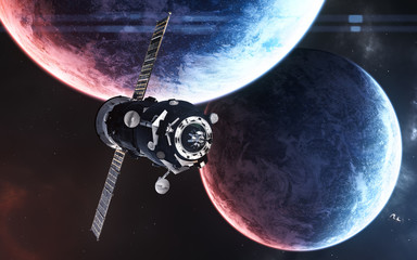Space station among planets in deep space in blue and red light. Science fiction. Elements of this image furnished by NASA