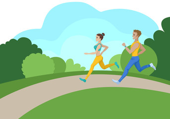 Obraz na płótnie Canvas A man and a girl jogging in the park. Summer fitness. Vector drawing