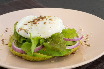 poached egg on healthy bread with avocado.