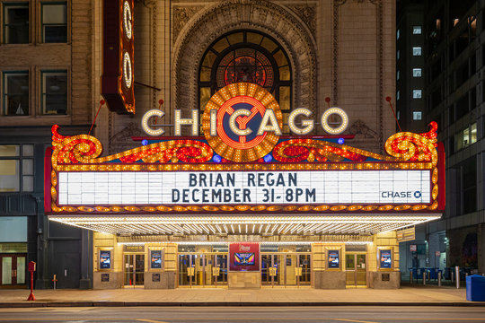 Dramatic view of the iconic Chicago Theater seen at night on December 30, 2018 in Chicago, Illinois	