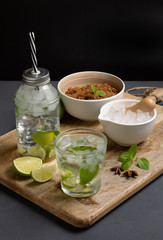 Cachaca caipirinha with lime and chopped ice, space for copying