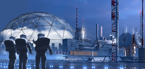 Science fiction city with astronauts and a terraforming dome © 3000ad