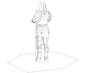 warrior woman character, 3D illustration, sketch, outline